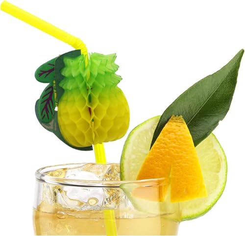 Image of Decorative Drinking Straws with Tropical Fruit and Umbrella Picks, Bendable Cocktail Straws for Party (Multicolor Fruit Theme Straw, Pack of 50pcs)