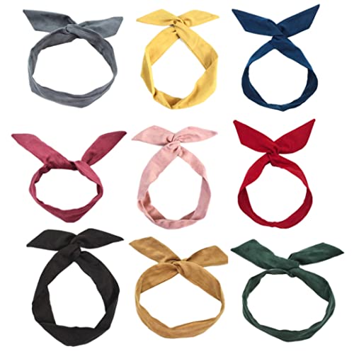 Bandeaux en fil de couleur unie pour femmes style rétro avec oreilles de lapin lot de 9