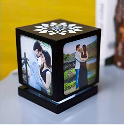 ZOCI VOCI Personalized Anniversary Couples Gifts Customized Rotating LED Picture Frame with 4 Photos, Personalised Wedding Gifts Couples 2024 (Black Medium)
