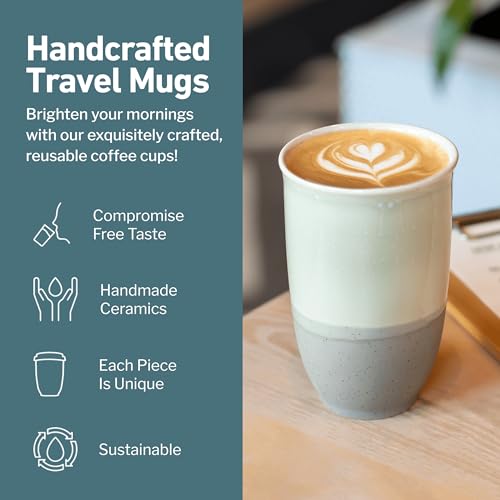 Image of NOVA CERAMICS Travel Mug - Coffee Travel Mug - Reusable Coffee Cup Unique to Go Mug - Microwave & Dishwasher Safe Coffee White Tumbler - Gifts for Women Men Him Her - 12oz - Sea Mist