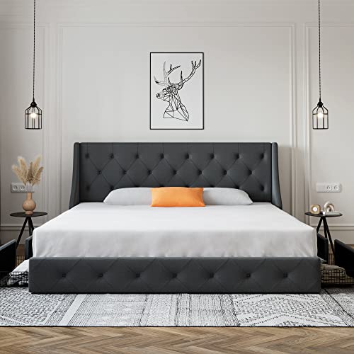 Sha Cerlin Queen Platform Upholstered Bed Frame With 4 Storage Drawers And Wingback Headboard, Diamond Stitched Button Tufted Design, No Box Spring Needed, Dark Grey #TOP2