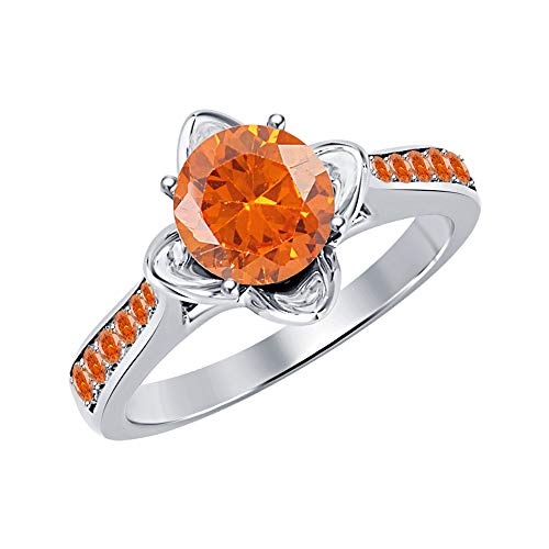 Round Cut Orange Sapphire 14K White Gold Over .925 Sterling Silver Unique Engagement Ring for Women's