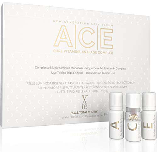 SIERO VISO | X115® ACE ? Siero VITAMINA C + Siero VITAMINA A + Siero Vitamina E | Vitamine PURE | Antirughe Antimacchie | ILLUMINANTE - Polvere di Perla e Diamante | CREMA FLUIDA 5+5+5 Flaconi da 5ml