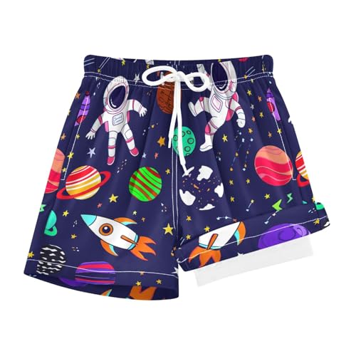 Boy Swim Trunks with Compression Liner Astronauts Space Pattern Boys Swim Shorts Quick Dry Beach Shorts