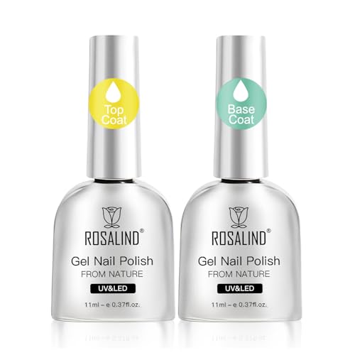 ROSALIND Base y Top Coat Esmalte Semipermanent, Capa Base y Capa Superior Pintauñas Semipermanentes, Soak-Off UV LED para Pintauñas Gel Nail Art Manucura Set 11ml