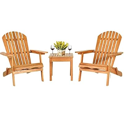Tangkula 3 Pieces Adirondack Chair Set, Outdoor Wood Furniture Set with 2 Folding Lounge Chairs & Side Table, Widened Armrest, Slatted Design, All Weather Conversation Set for Garden Patio Backyard
