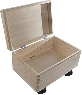Square Small Wooden Storage Box with Hinged Lid & Holding Tape | 20 x 20 x 14 cm | Memory Keepsake Chest | Unpainted Plain Pine to Decorate Craft