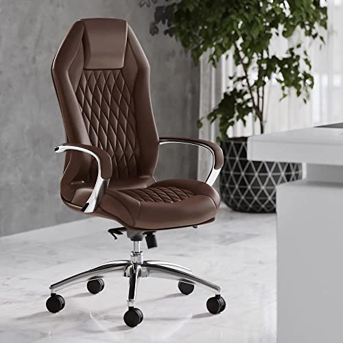 Modern Ergonomic Sterling Genuine Leather Executive Chair With Aluminum Base - Dark Brown #TOP24