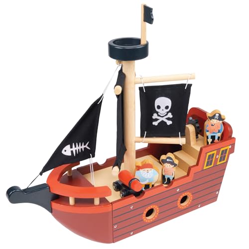 Mentari Toys - Barco pirata de espinas de pescado, barco pirata de madera con velas de tela, rueda giratoria, marineros y canon, juguete interactivo para juego imaginativo, aumenta la narración de