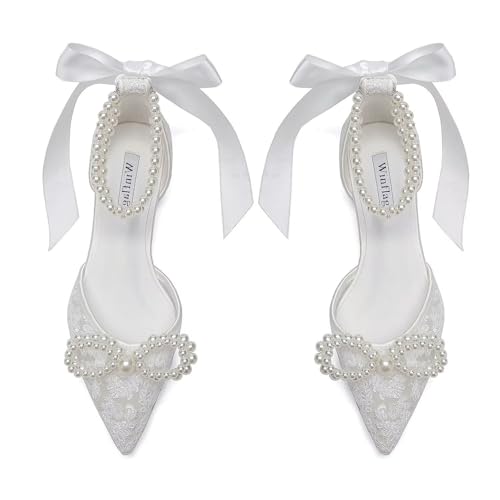 Image of Pearl Wedding Shoes for Bride Flat Lace Bride Shoes Pointed Toe Bridal Flats