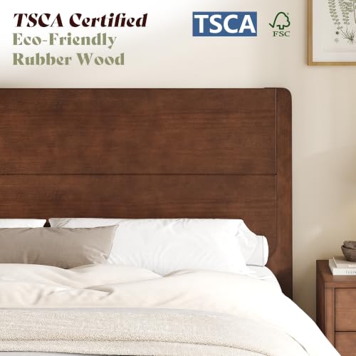 Image of AMERLIFE Solid Wood Queen Bed Frame with Headboard, Japanese Joinery,Walnut