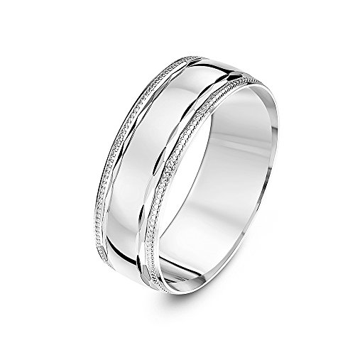 Theia 9 ct White Gold, Diamond Shaped Design with Polished Milgrain/Beaded Edges, 7 mm Wedding Ring - Size X