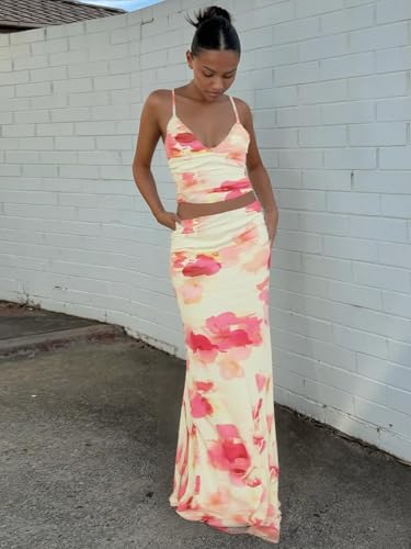 Image of ksotutm Maxi Skirt Set Floral Print Halter Top Maxi Skirt Sexy Going Out Outfits for Women