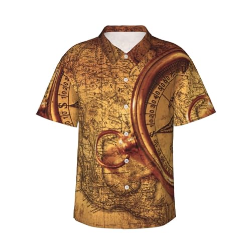 Alliya - Law of The Compass Navigation Chemise hawaïenne à manches courtes pour homme Imprimé Business Casual Plage Surf Bateau, Noir , 3XL