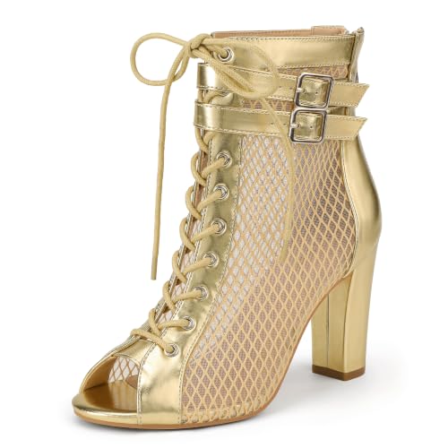 IDIFU IN4 High Heels for Women Peep Toe Mesh Heeled Sandals(Gold Pu, 5)