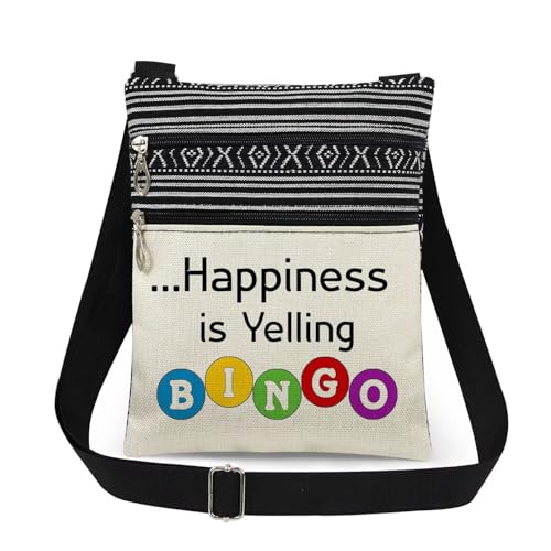 XiaoGalaee Happiness is Yelling Bingo Print Messenger Bag Bingo Game Adjustable Strap Crossbody Bag Colorful Letter Circles for Adults Wallet Fun Birthday Gift for Women Men Game Night (White)