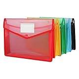 A4 Plastic Wallet Folder Envelope, CBTONE 5 Pack Waterproof Poly Envelope Plastic File Wallet Document Folder with Button Closure for School Office Home - Red Blue Yellow Green Black