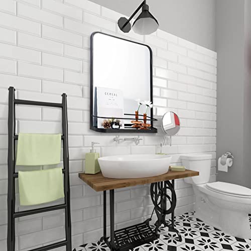Vasuhome Black Bathroom Mirror With Shelf - Bathroom Vanity Mirror With Metal Frame With Rounded Corners - 26.8" X 21.3" - Perfect For Living Room, Bedroom, Bathroom, Entryway #TOP5