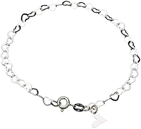 Joyful Creations Sterling Silver Flat Heart Link Charm Anklet Nickel Free Chain Italy Adjustable, 11"