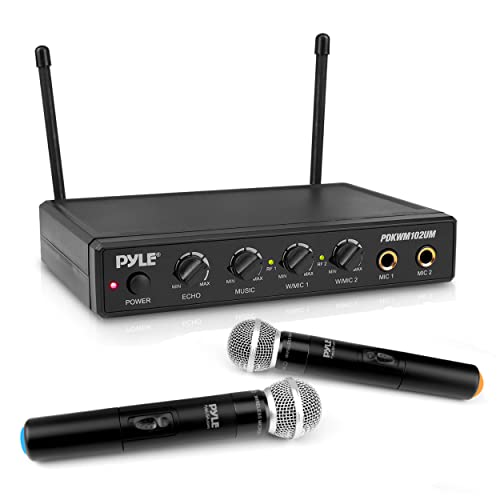 Pyle Wireless Karaoke Microphone System - Portable Audio Sound Mixer Receiver Set W/Dual Mic Setting, Two Handheld Mics, 3.5Mm Aux & Rca Cord - For Dj Sound, Home Party, & Theater - Pdkwm102Um #TOP16