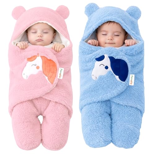 Image of OYO BABY Newborn Blanket Combo Pack of 2 | Hooded Sleeping Bag & Baby Wrapper Set | Super Soft Micro Fleece | Lightweight Yet Warm | Daily Use | 0-6 Months | Pink & Blue