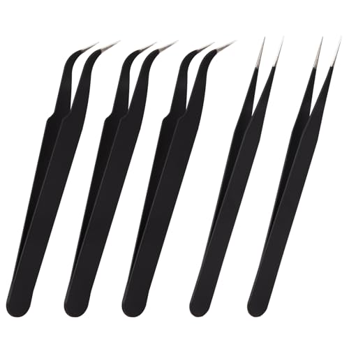 NICECRAFT - 5 Pcs Precision Tweezers Set ESD pince a epiler Anti-Static Stainless Steel Curved for Electronics Laboratory Jewelry Making Craft Lash Eyebrow Make Up Curved Tip Straight Tip