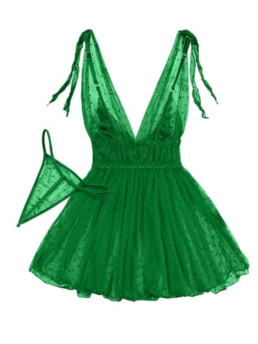Image of Lilosy Sexy Polka Dots Mesh Sheer Lace Babydoll Chemise Lingerie Set Floral Sleep Wear