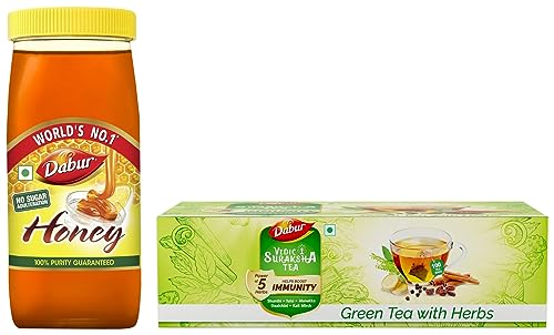 Image of Dabur Honey :100% Pure World's No.1 Honey Brand - 1kg (Get 20% Extra) & Vedic Suraksha Green Tea | Contains Ayurvedic Herbs Like Tulsi, Daalchini, Shunthi, Black Pepper and Kishmish, 100 Tea Bags