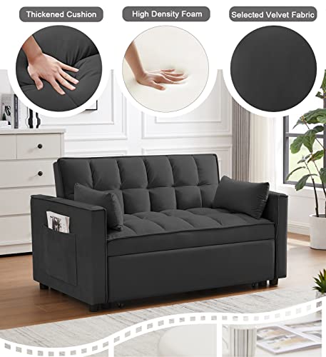 Velvet Pull Out Sleeper Sofa Bed, Convertible Futon Sofa Bed With Reclining Back, Modern Pullout Couch With 2 Pillows And Pockets, Upholstered Small Loveseat For Living Room, Guest Room, Dorm (Black) #TOP1