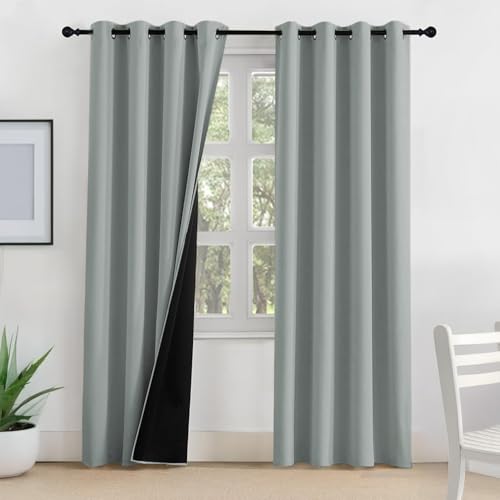 Image of LINENWALAS Window Curtains 5 Feet Set of 2 - Thermal Insulation 100% True Blackout Curtains, Black Backing & Fade Resistant Drapes for Living Room, Bedroom (Light Grey)