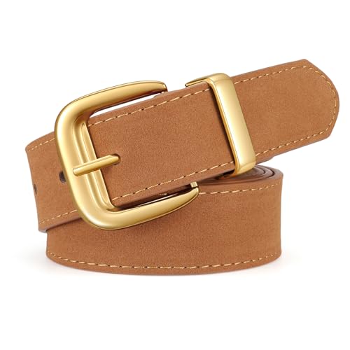 XZQTIVE Women Suede Belt for Jeans Dresses Fashion Retro Gold Buckle Ladies Waist Belts Brown(Fit Waist Size 34-40)