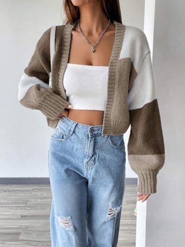 Image of SISKIN Fall Cropped Cardigan Sweaters for Women Lightweight,Color Block Oversized Cardigan Sweater