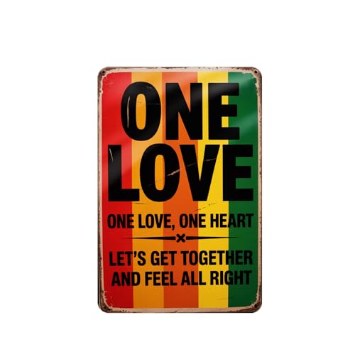 One Love Tin Sign, Vintage Reggae Music Metal Sign print Aesthetic Room Decoration for Home Bedroom Kitchen Bar Coffee Bathroom Indoor Outdoor Wall Decor, 8 X 12 IN