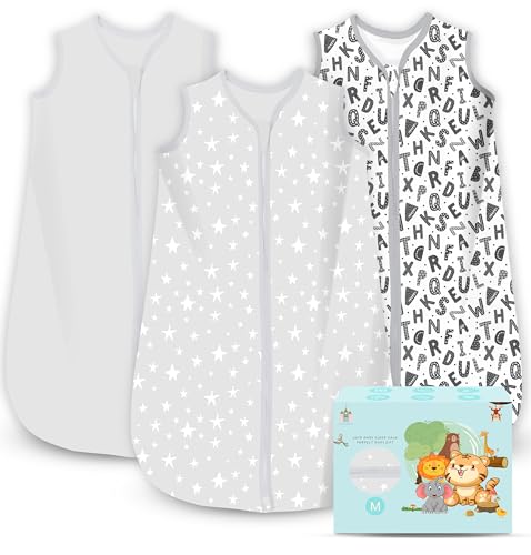 Image of Cute Castle Baby Sleep Sack 6-12 Months - Lightweight 100% Cotton 2-Way Zipper TOG 0.5 Infant Wearable Blanket, Newborn Essentials Toddler Sleep Clothes, 3 Pack(Gray, Letters, Stars)