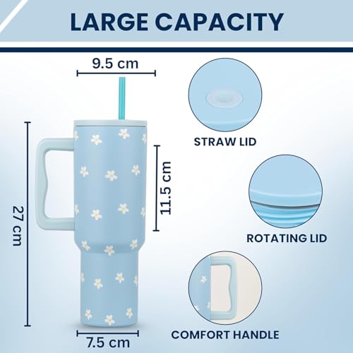 Image of Stainless Steel 1200 ml Vacuum Tumbler with Lid & Straw - Double‑Wall Insulated Cup for Travel, Gym & Office - Keeps Beverages Hot or Cold - 1.2 L Capacity (Blue Tiny Flower)