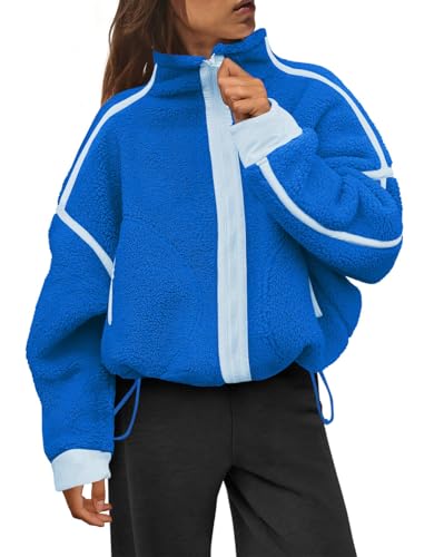 Aisongyuan Womens Sherpa Fleece Jacket Zip Up Fuzzy Casual Oversized sweatshirts with Pockets Fall Winter Cozy Outerwear(Blue XL)