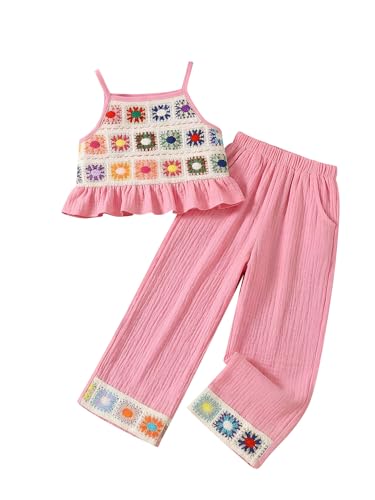 Image of WDIRARA Girl's 2 Piece Outfits Boho Floral Crochet Ruffled Sleeveless Cami Top and Wide Leg Pants