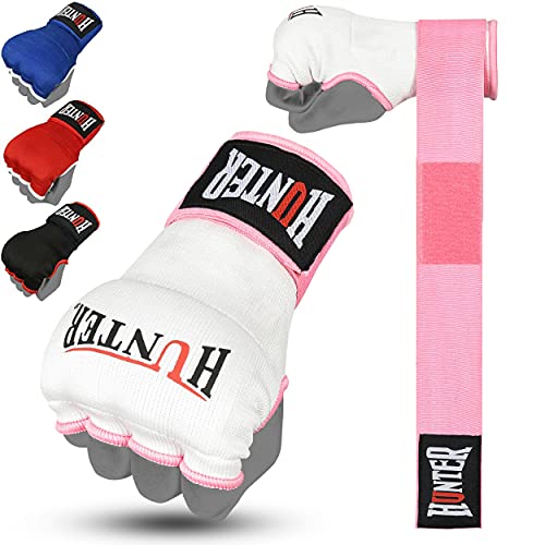 HUNTER Gel Padded Inner Gloves with Hand Wraps for Boxing (Comes in Pair) (White & Pink, S/M)c