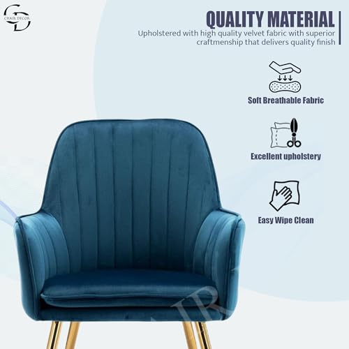 Image of Velvet Accent Chair with Matching Pouffe & Floral Cushion | Upholstered Lounge Armchair with Gold Metal Legs for Living Room, Bedroom, Office & Guest Room (Blue)