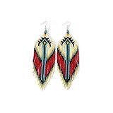 Weavish Boho Native Seed Bead Tassel Large Statement Drop Earrings, Red, Handmade, Alloy
