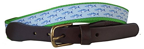 Mens School of Bluefish Leather Belt, Leather Tab and Buckle, Bluefish Nautical Leather Belt on Green Webbing