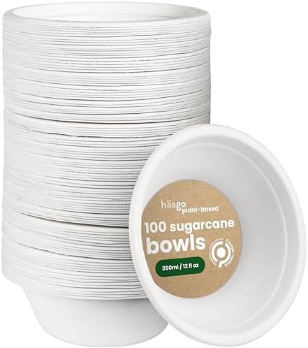 100 Ciotole Di Carta In Canna Da Zucchero - 470 Ml, Compostabili, Per Microonde