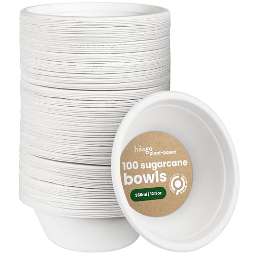 Haago 100 Ciotole Di Carta Di Canna Da Zucchero Ecologiche - 350Ml