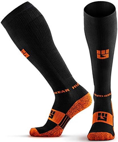 MudGear Compression Socks - Graduated Compression Socks for Women & Men for Sport, Running, Flight, Pregnancy, Circulation and Recovery - Black/Orange Small Long Compression Socks with 15-20 mmhg