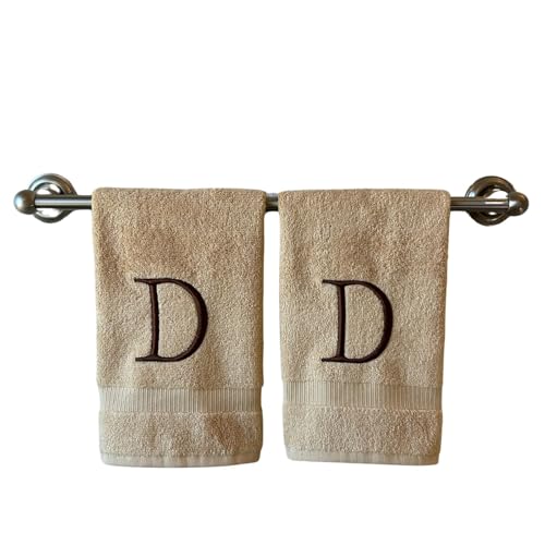 Beige with Brown Monogrammed Hand Towels for Bathroom - Set of 2 Letter D