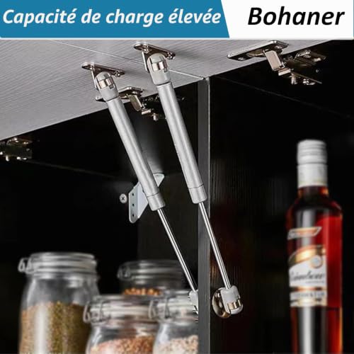 Bohaner Vérins à gaz, 2X Charnières de porte de placard avec ressort de levage et barre de support à clapet pour placard de cuisine, 200N de pression (Noir) – vue 7
