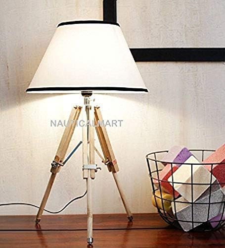 NauticalMart Designer Natural Wood Tripod Table Lamp with Free Chrome Spike