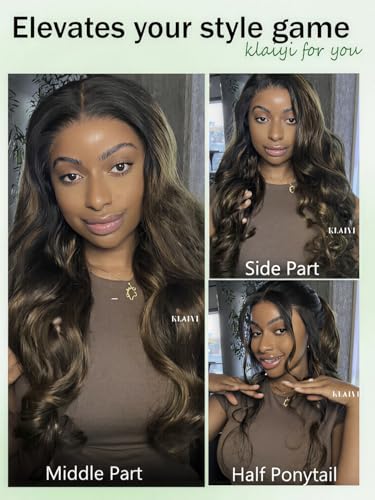 Image of KLAIYI Bye Bye Slip Ombre Balayage Brown Loose Body Wave 7X5 Pre Cut Lace Front Human Hair Wig Drawstring Glueless Highlight Pre Plucked Bleached Knots Wig with Face Framing Bangs 180% Density 26Inch
