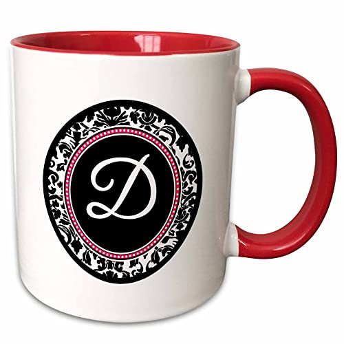 3dRose monogrammed circle - black damask Letter D 15oz Two-Tone Red Mug