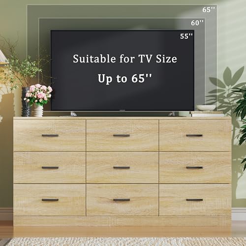 Image of 9 Drawer Dresser for Bedroom, 60'' Long Mid Century Modern Dressers TV Stand, Wood Vintage Chests of Drawers, Large Storage Organizer for Bedroom, Closet, Entryway, Natural Oak